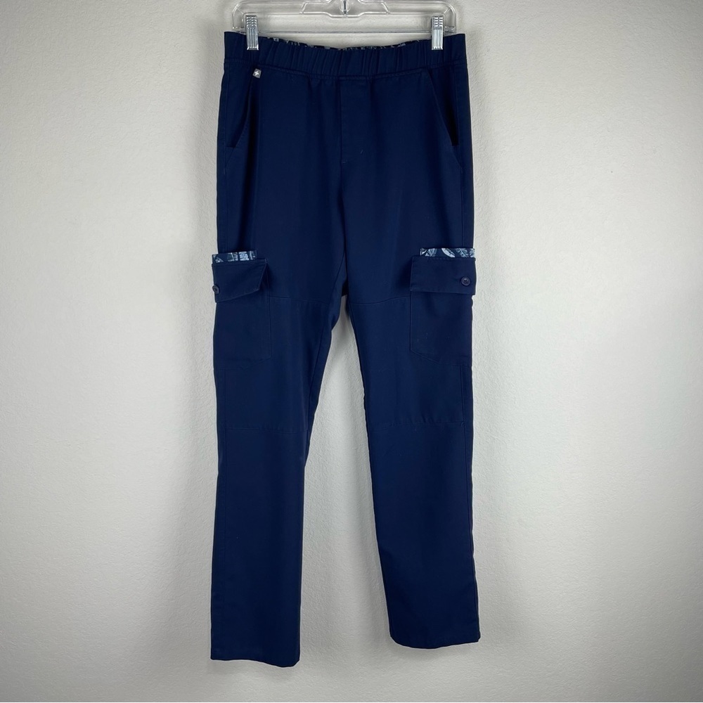 Figs Mens Navy Blue Contrast Print Feather Cargo Scrub Medical Nurse Pants Small